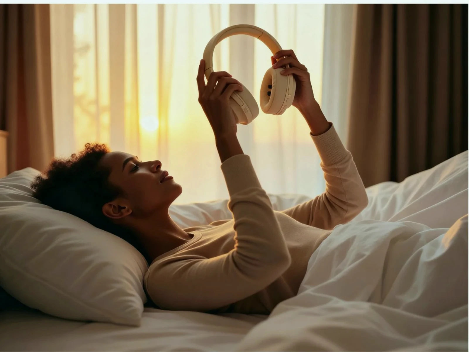 Woman in bed holding DreamPhones headphones at sunset