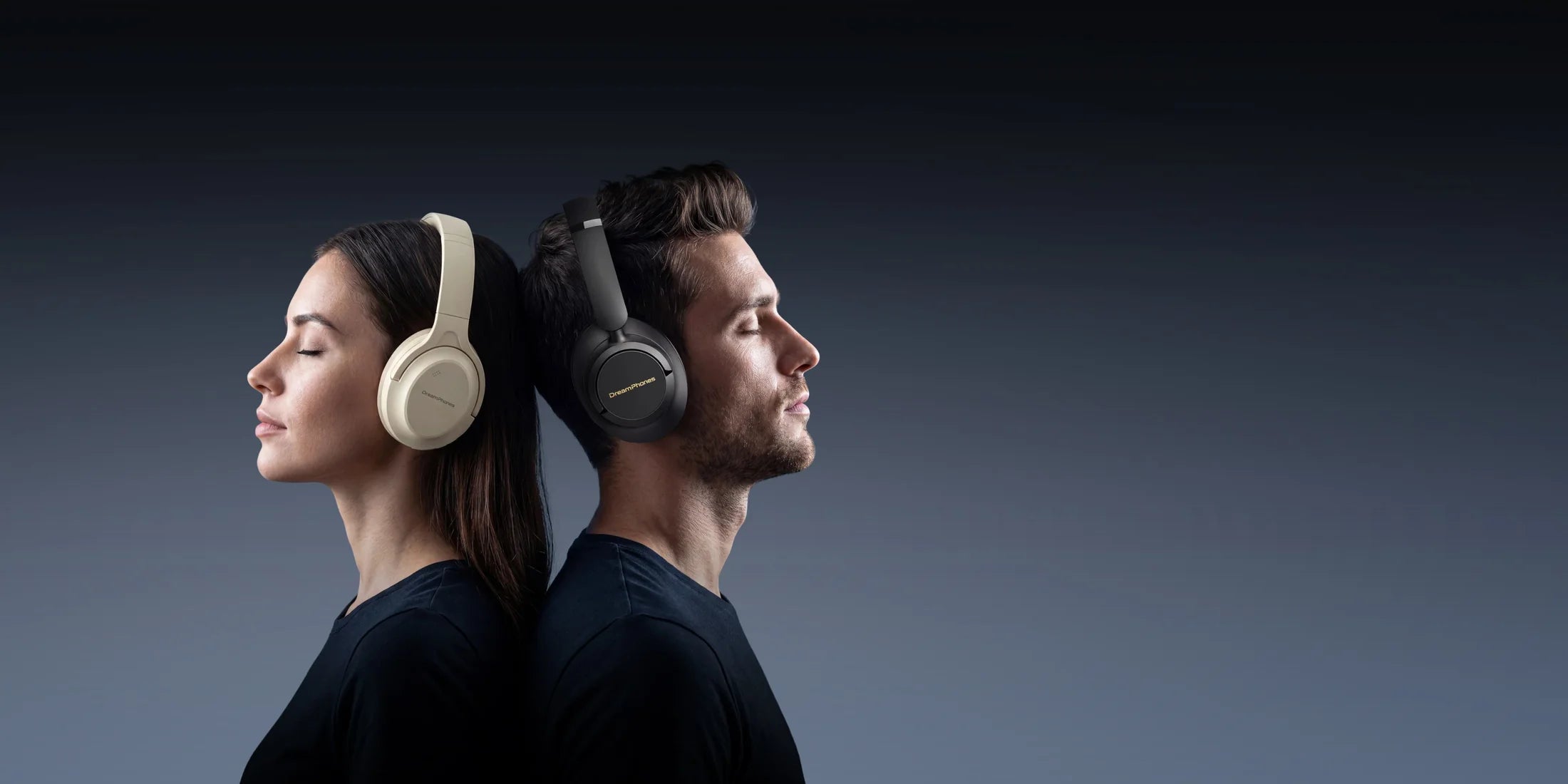 Two people wearing Polar White and Obsidian Black DreamPhones