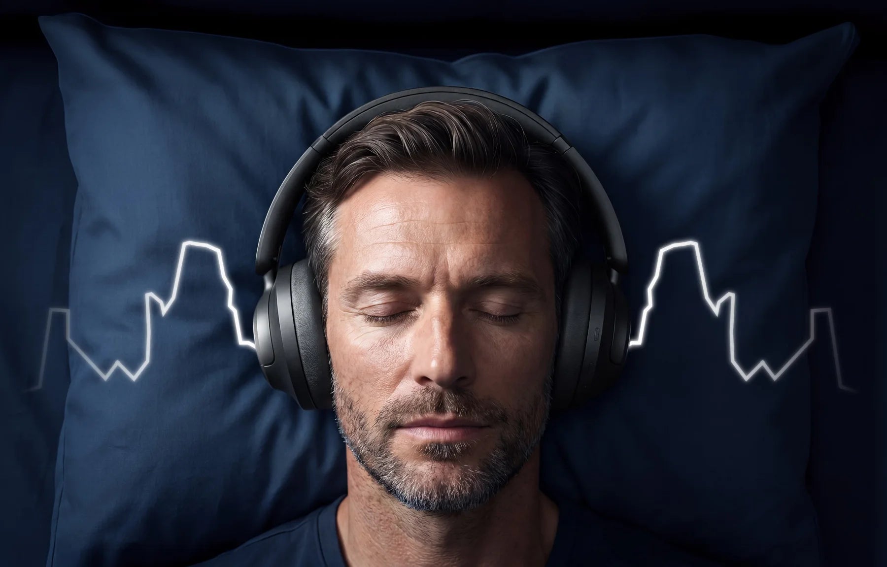 Man wearing DreamPhones with an abstract audio waveform