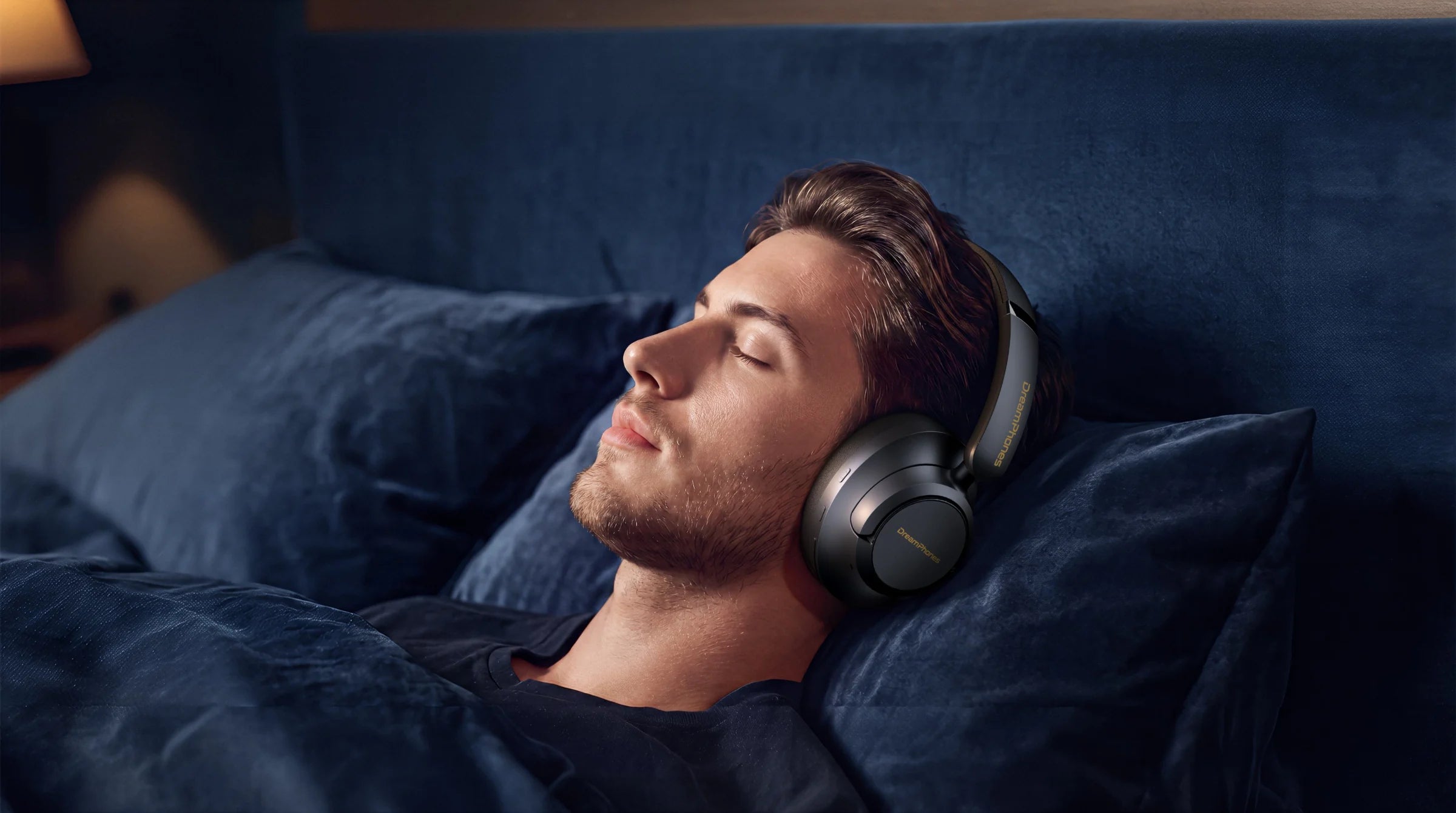 Participant relaxing in Obsidian Black DreamPhones during the sleep quality user study