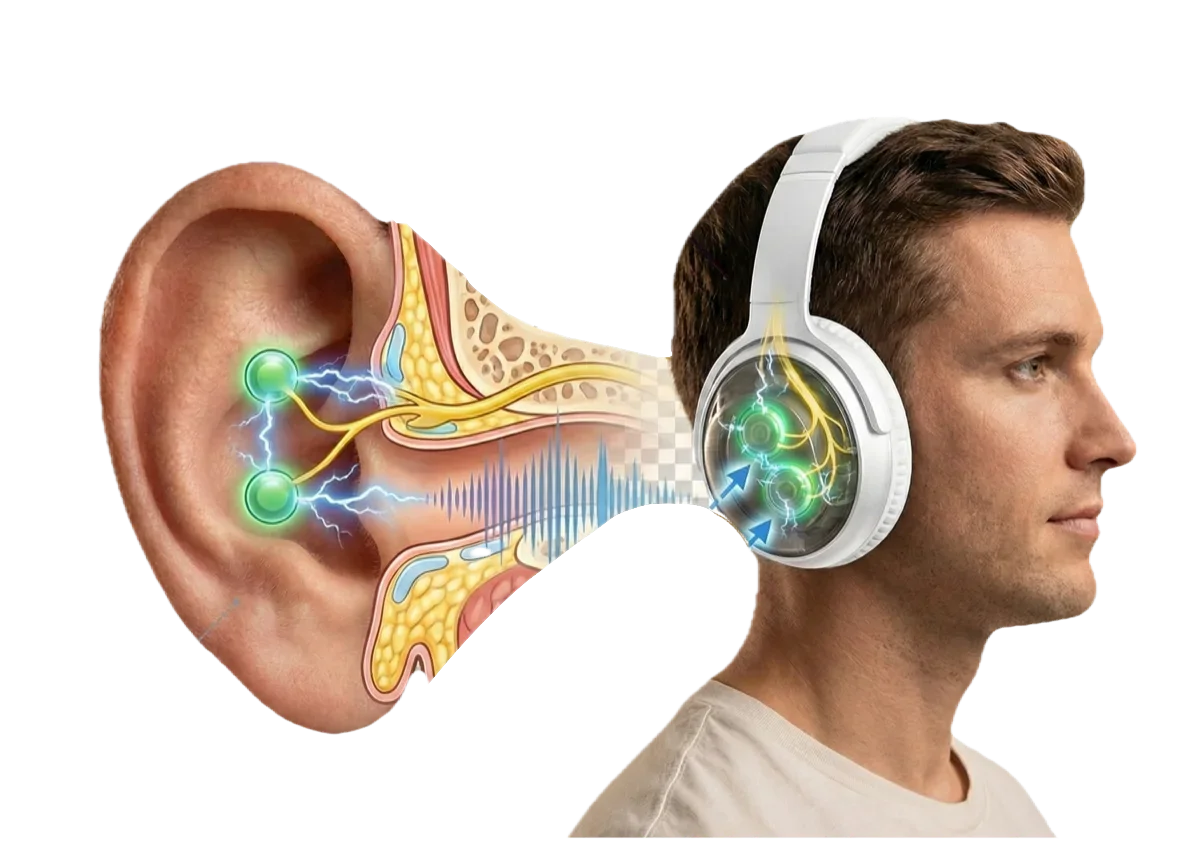 Cutaway illustration of the ear showing the concha region targeted by taVNS